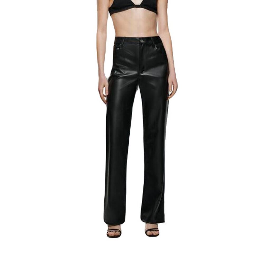 NWT ZARA Pants Women 6 Black Faux Leather Straight-Leg Stretch 5-Pocket Zip